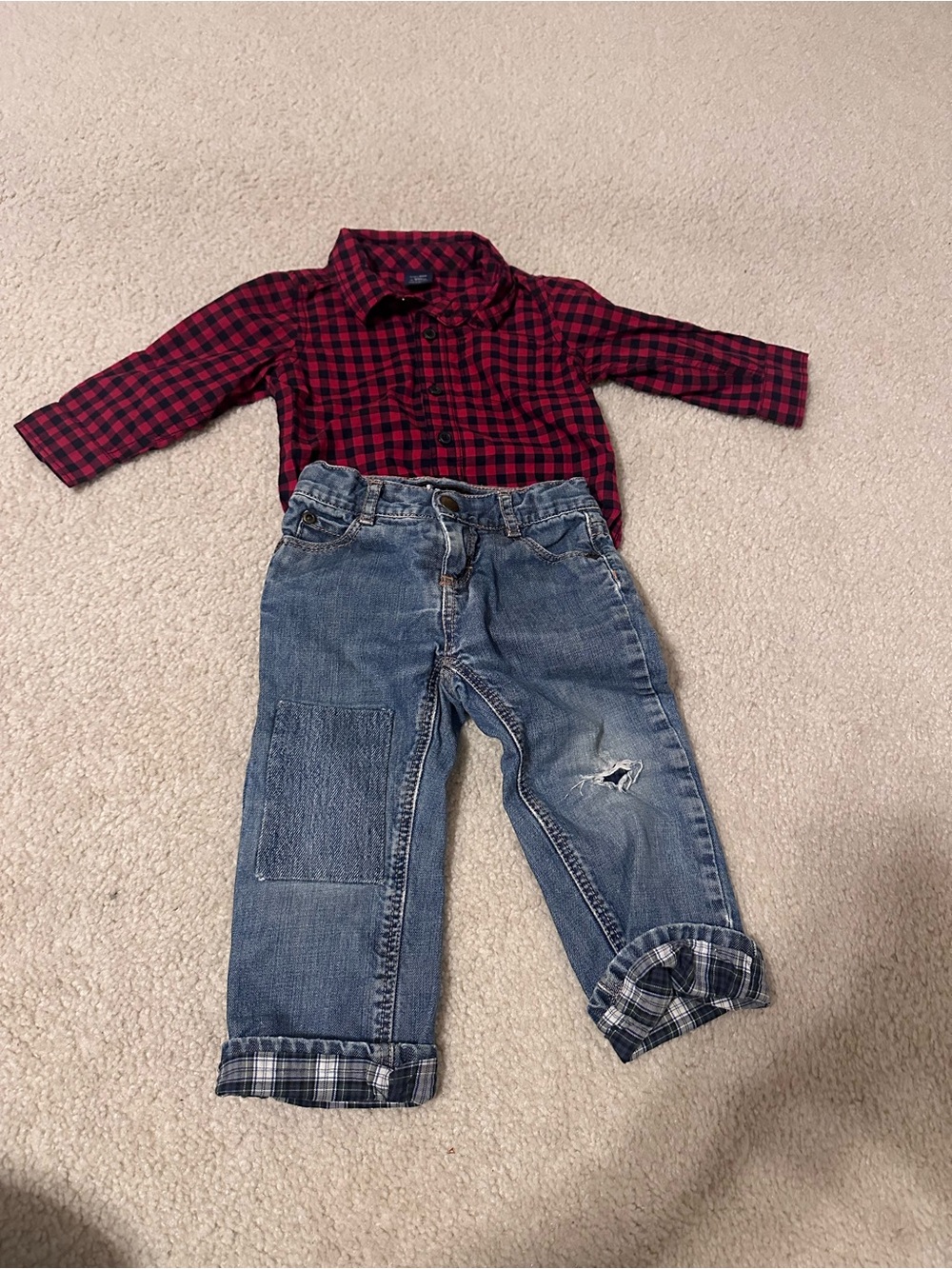Baby Gap + Jacadi Paris Boys 12-18M Plaid Shirt & Jeans Outfit